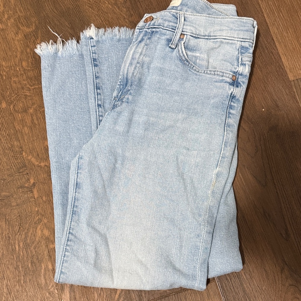 MOTHER Light Wash High-Rise Ankle Jeans with Frayed Hem
